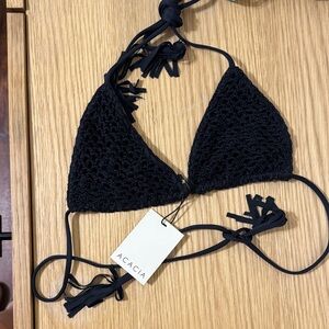 acacia swimwear Black Crochet Triangle Bikini Top with Tassels